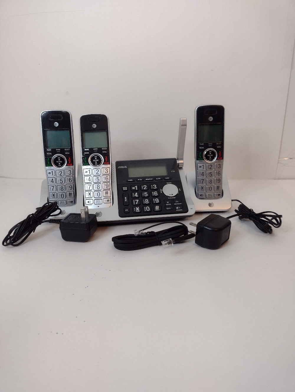 INCOMPLETE AT & T Silver and Black Cordless Phone System with 3 Handsets as .
